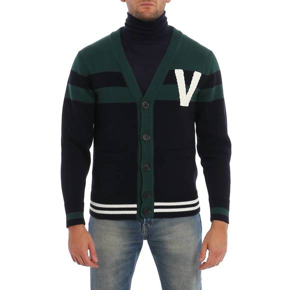 NEW VALENTINO v logo patch cardigan in navy blue and green
